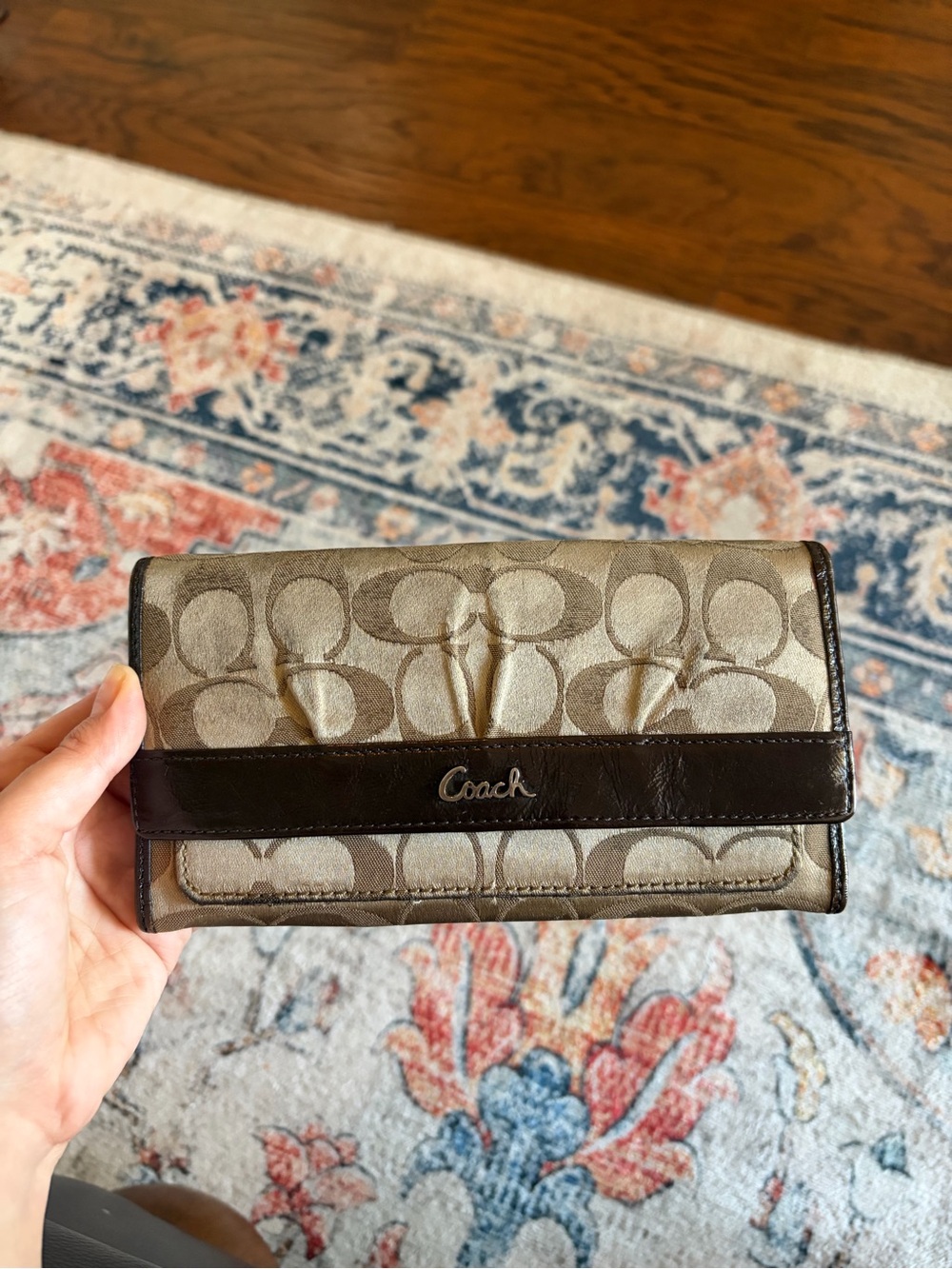 Vintage Coach Signature Canvas Wallet in Champagne Sateen & Dark Brown Leather
